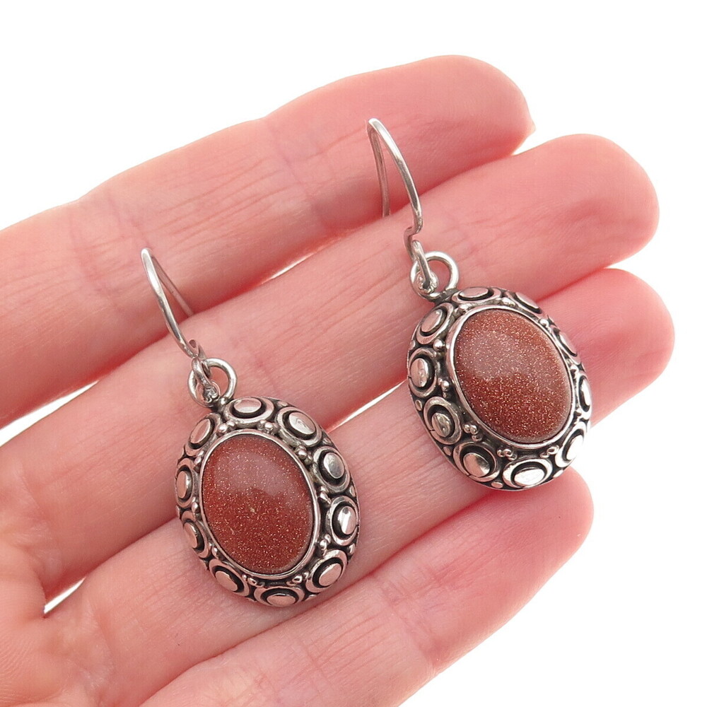 Suarti Bali 925 Sterling Silver Vintage Real Goldstone Dotted Dangle Earrings